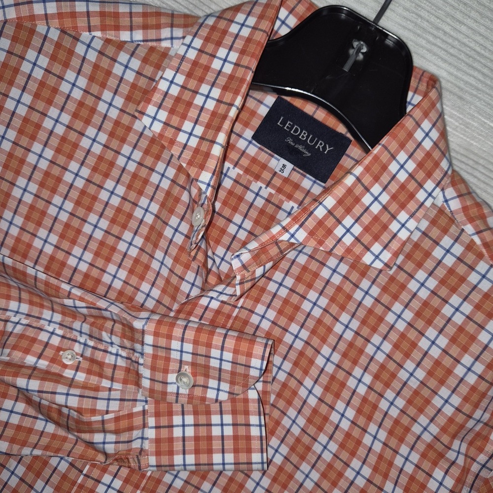 Ledbury Fine Shirting Plaid Button Down Shirt Orange Blue Men's 16‎ 35